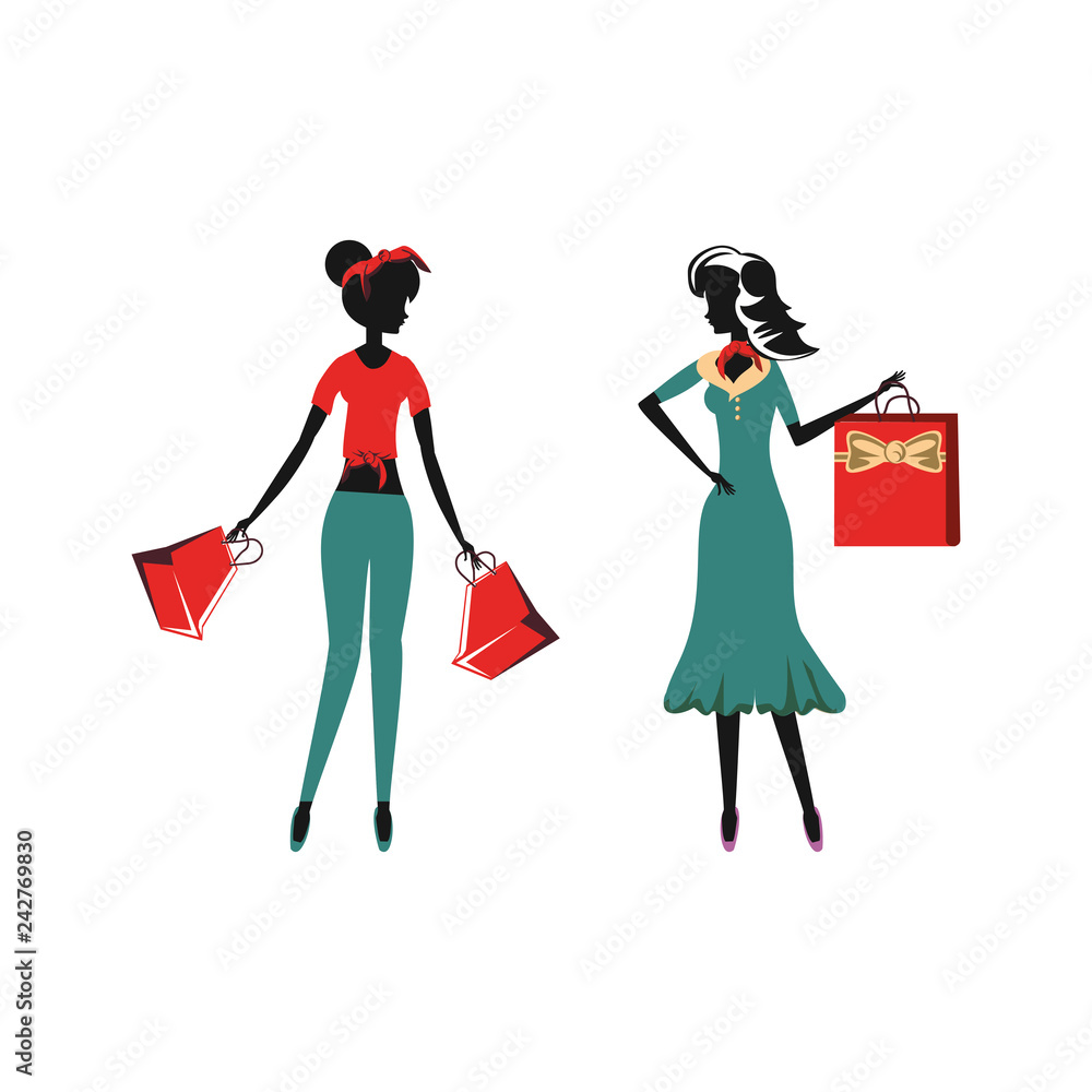 women silhouette retro style with shopping bags