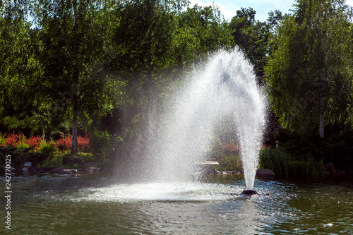 A pond with water and a fountain spraying a stream of water in the background garden with trees sunny backlight.