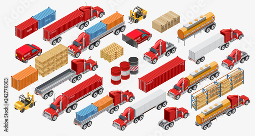 Set of various modern freight trucks and containers with cargo of delivery service