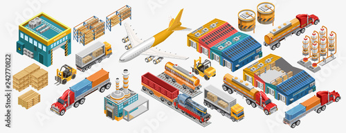Isometric warehouse and logistics set of freight vessels and vehicles amidst factories and warehouses