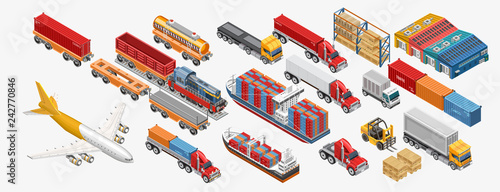 Isometric warehouse and logistics set with assorted types of freight transport and warehouses of delivery service