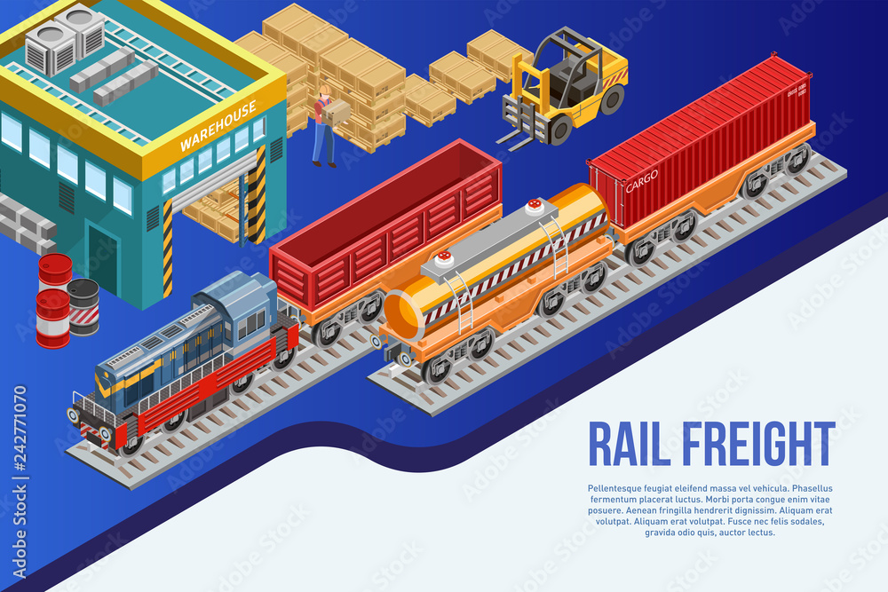 Isometric banner with colorful warehouse and railway road for delivery system presentation