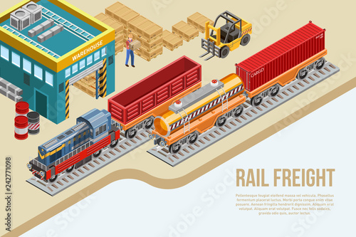 Vector banner for railway road freight logistics with warehouse and workers