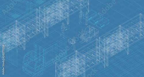 Contemporary draft design of warehouse with workers loading truck