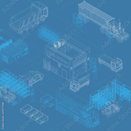 Simple draft design of various trucks and boxes with storage building 