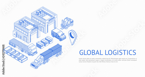 Contemporary wireframe of icons for trucks and warehouse showing concept of delivery system 
