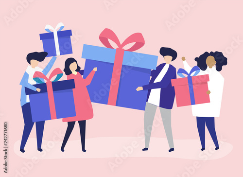 Friends exchanging gift boxes  with one another