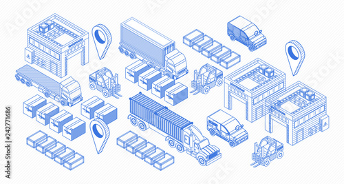 Set of isometric blue icons and elements showing trucks and warehouse of delivery service