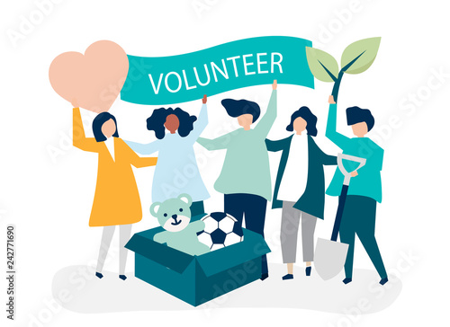 People volunteering and donating money and items  to a charitable cause