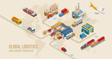 Graphic scheme of modern land delivery service depicted on world map as part of global logistics
