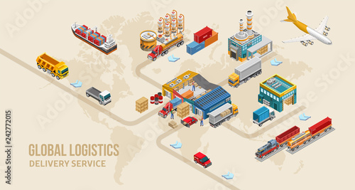 Graphic scheme of modern land delivery service depicted on world map as part of global logistics