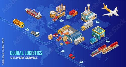 Isometric scheme of whole global logistic system depicted over simple world map