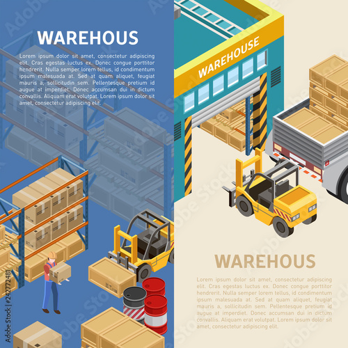 Isometric vector illustrations of work of delivery service depot with descriptions