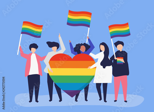 Character illustration of people holding LGBT support icons