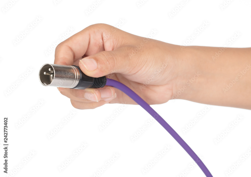 Hand holding Purple of XLR microphone cable isolated on white background  foto de Stock | Adobe Stock