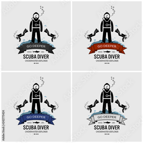 Scuba diving logo design. Vector artwork of scuba diver exploring the underwater, swimming, and posing in an ocean adventure.