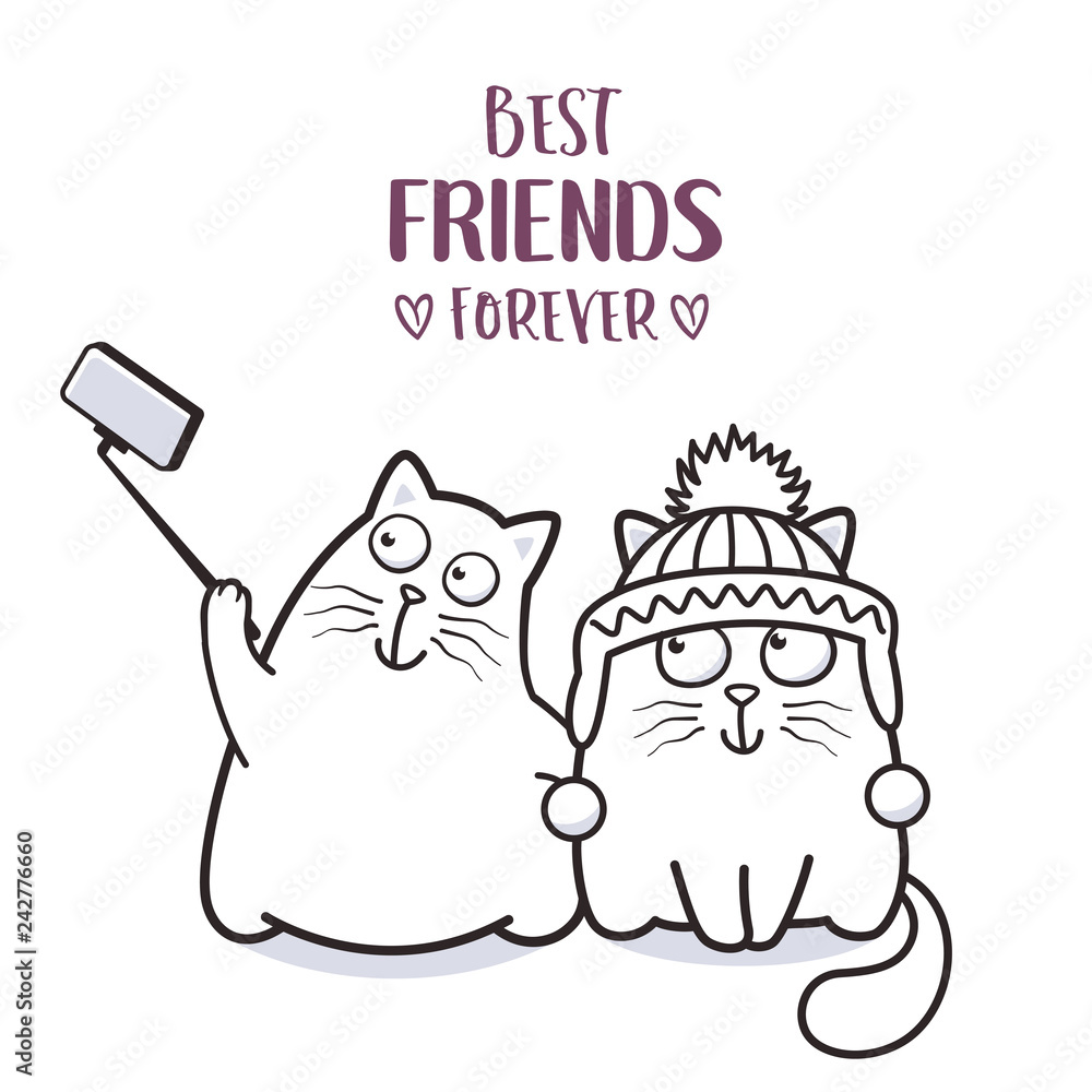 Funny cats best friends taking selfie for greeting card design t-shirt print or poster
