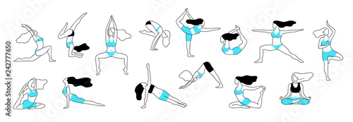 Girl yoga poses. Aerobic stretch fitness exercise,  female body workout figure, healthy and flexibility vector line posture