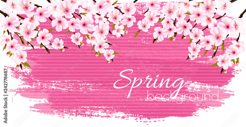 Fototapeta premium Spring nature background with a pink blooming sakura. Vector.