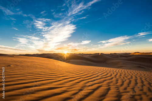 Beautiful sunrise view of the Erg Chebbi dunes, Sahara Desert, Merzouga, Morocco in Africa