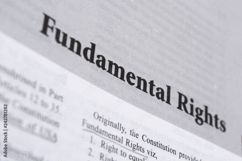Obraz premium Maski,Karnataka,India - January 4,2019 : Fundamental Rights printed in book with large letters.