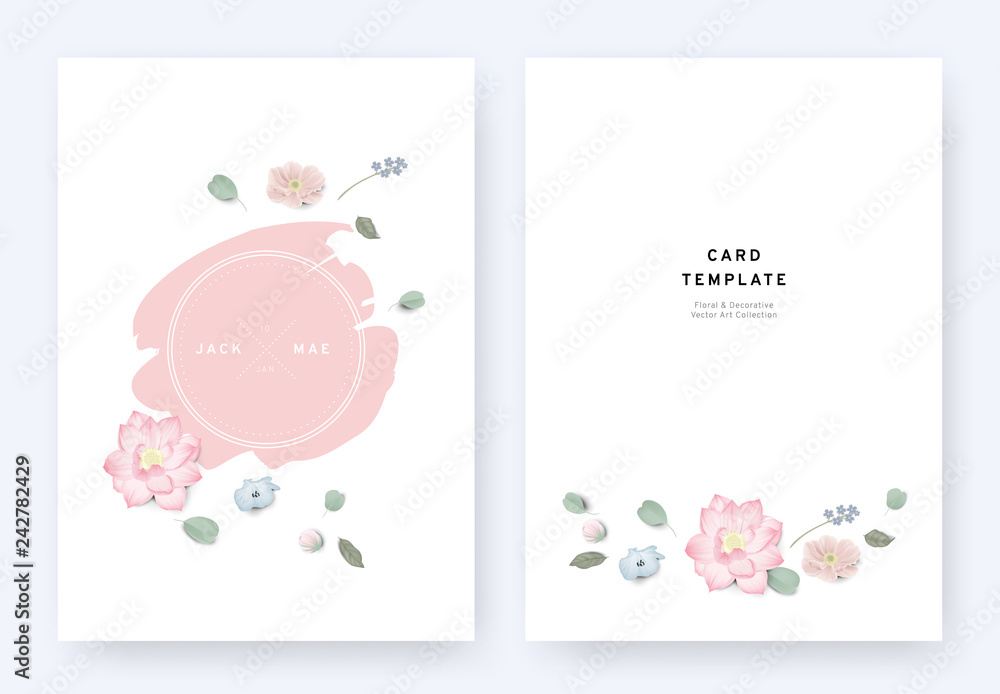 Minimalist floral wedding invitation card template design, anemone, lotus, Nemophila and leaves with pink badge on white background, pastel vintage theme Minimalist floral wedding invitation card template design, anemone, lotus, Nemophila and leaves with pink badge on white background, pastel vintage theme