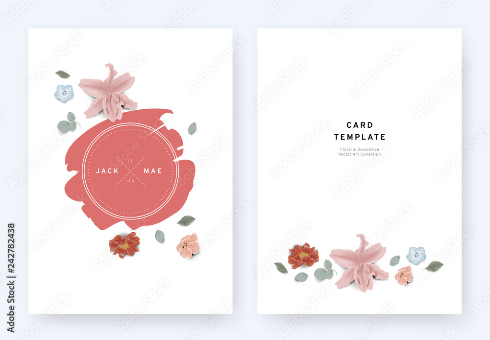 Minimalist floral wedding invitation card template design, lily, sakura, Nemophila, paenia lactiflora and leaves with red badge on white background, pastel vintage theme