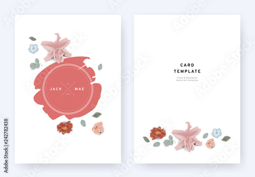 Fototapeta Naklejka Na Ścianę i Meble -  Minimalist floral wedding invitation card template design, lily, sakura, Nemophila, paenia lactiflora and leaves with red badge on white background, pastel vintage theme