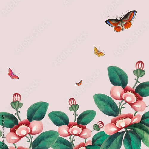 Chinese painting featuring flowers and butterflies wallpaper