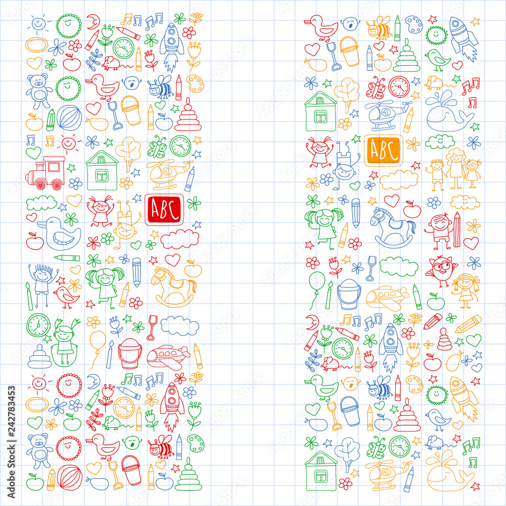 Vector doodle set with kindergarten children. Small kids play, learn, having fun together Vector doodle set with kindergarten children. Small kids play, learn, having fun together