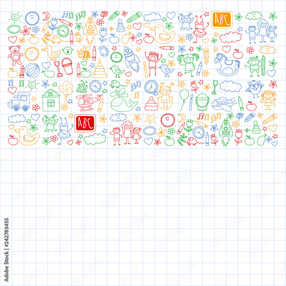 Vector doodle set with kindergarten children. Small kids play, learn, having fun together