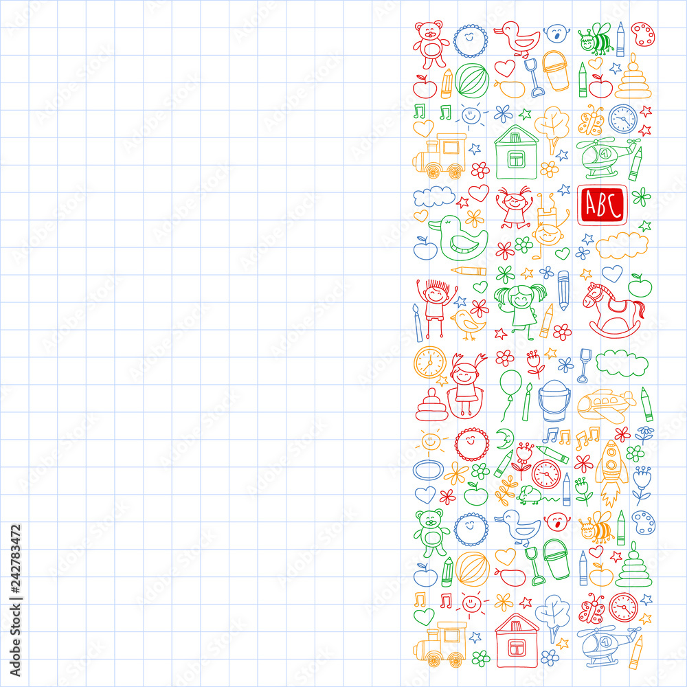 Vector doodle set with kindergarten children. Small kids play, learn, having fun together Vector doodle set with kindergarten children. Small kids play, learn, having fun together