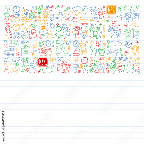 Vector doodle set with kindergarten children. Small kids play  learn  having fun together
