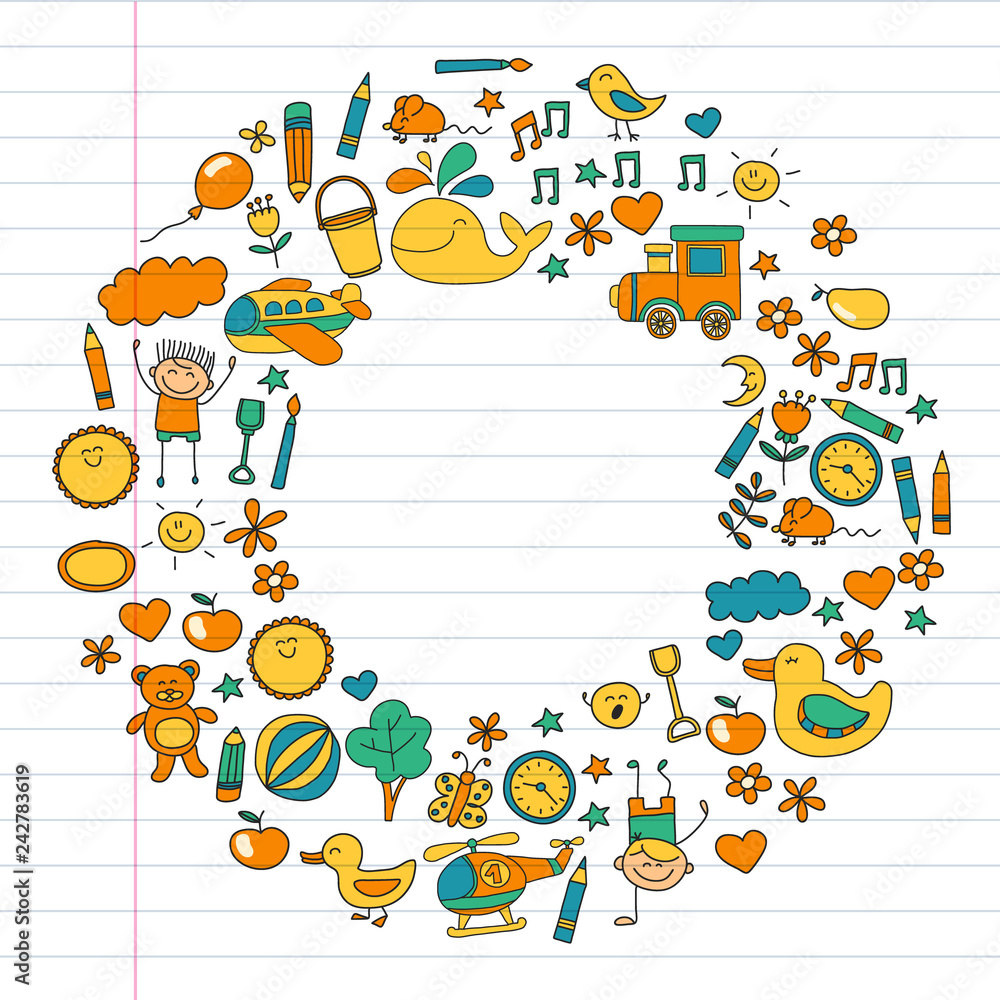 Obraz premium Vector doodle set with kindergarten children. Small kids play, learn, having fun together
