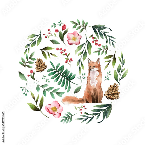 Fox in nature painted by watercolor