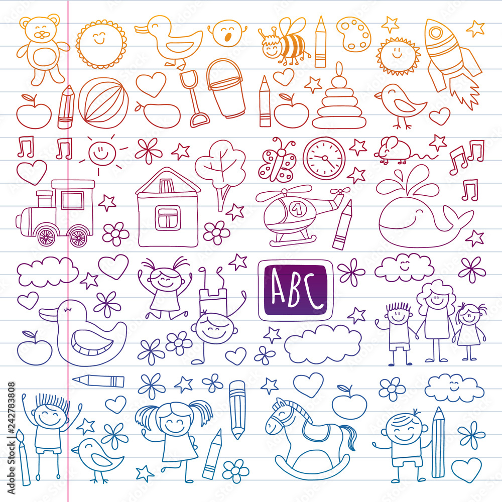 Vector doodle set with kindergarten children. Small kids play, learn, having fun together Vector doodle set with kindergarten children. Small kids play, learn, having fun together