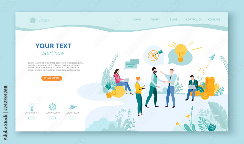 Landing page for site or web page template for business projects, partnership with people, money and space for text on white background.