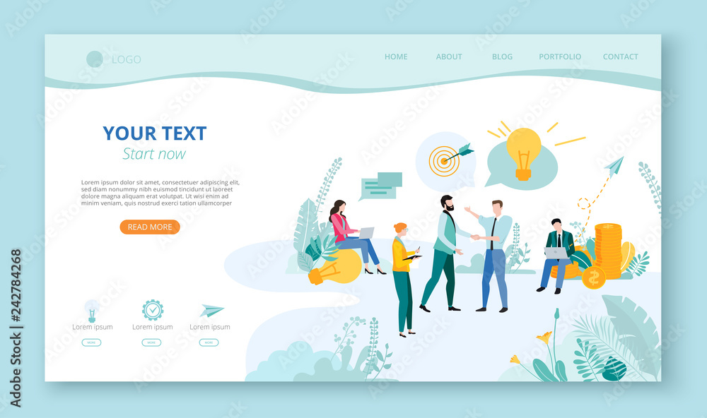 Landing page for site or web page template for business projects, partnership with people, money and space for text on white background. Landing page for site or web page template for business projects, partnership with people, money and space for text on white background.