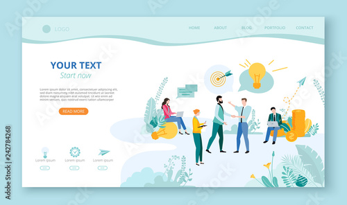 Landing page for site or web page template for business projects, partnership with people, money and space for text on white background.