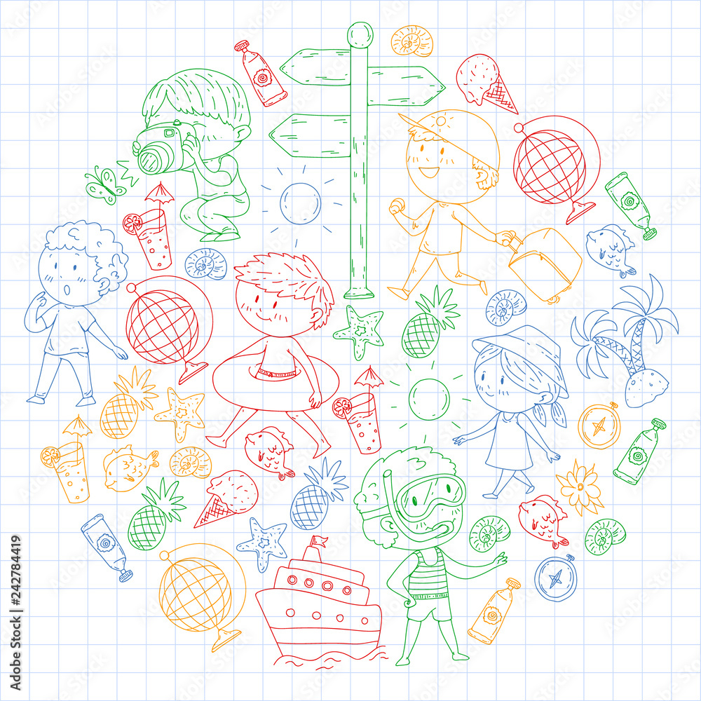 Happy children playing at seashore, beach, sea, ocean. Kids vacation and travelling. Swimming, doodle icons globe, cruise ship, cocktails