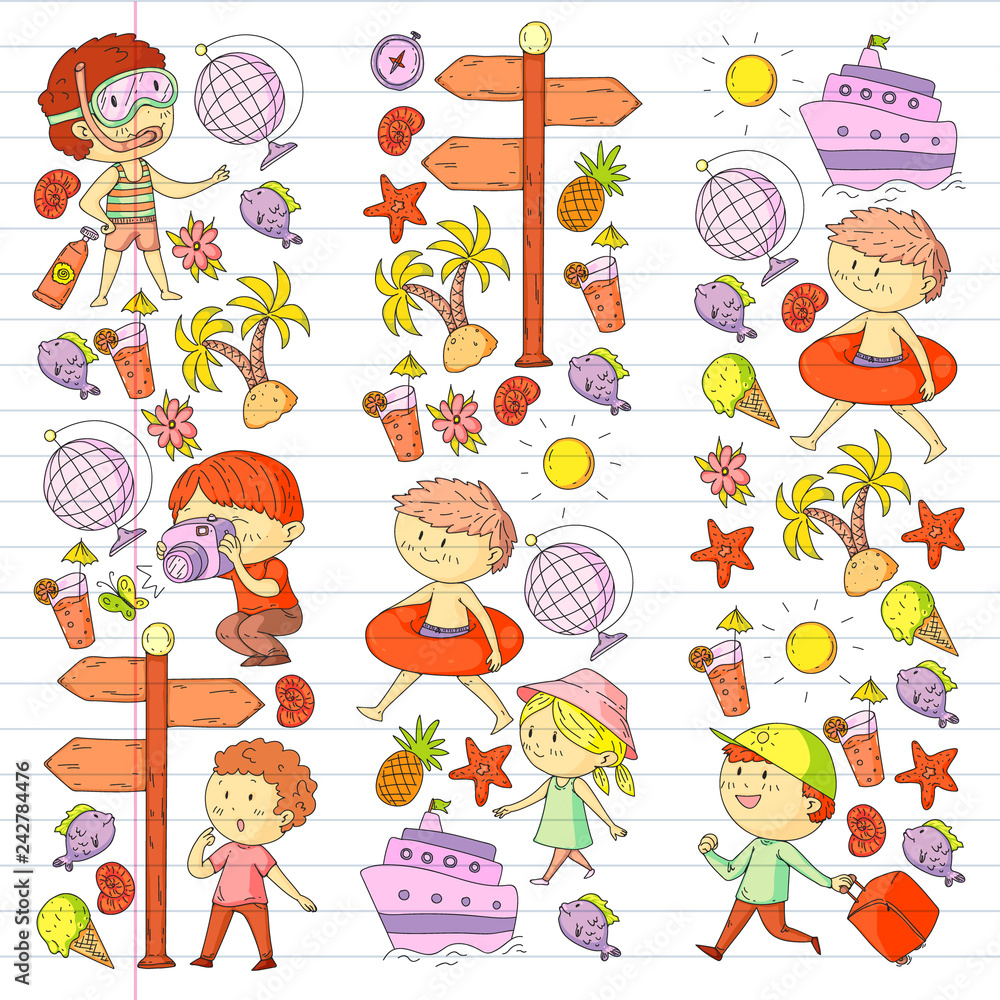 Happy children playing at seashore, beach, sea, ocean. Kids vacation and travelling. Swimming, doodle icons globe, cruise ship, cocktails. Happy children playing at seashore, beach, sea, ocean. Kids vacation and travelling. Swimming, doodle icons globe, cruise ship, cocktails.