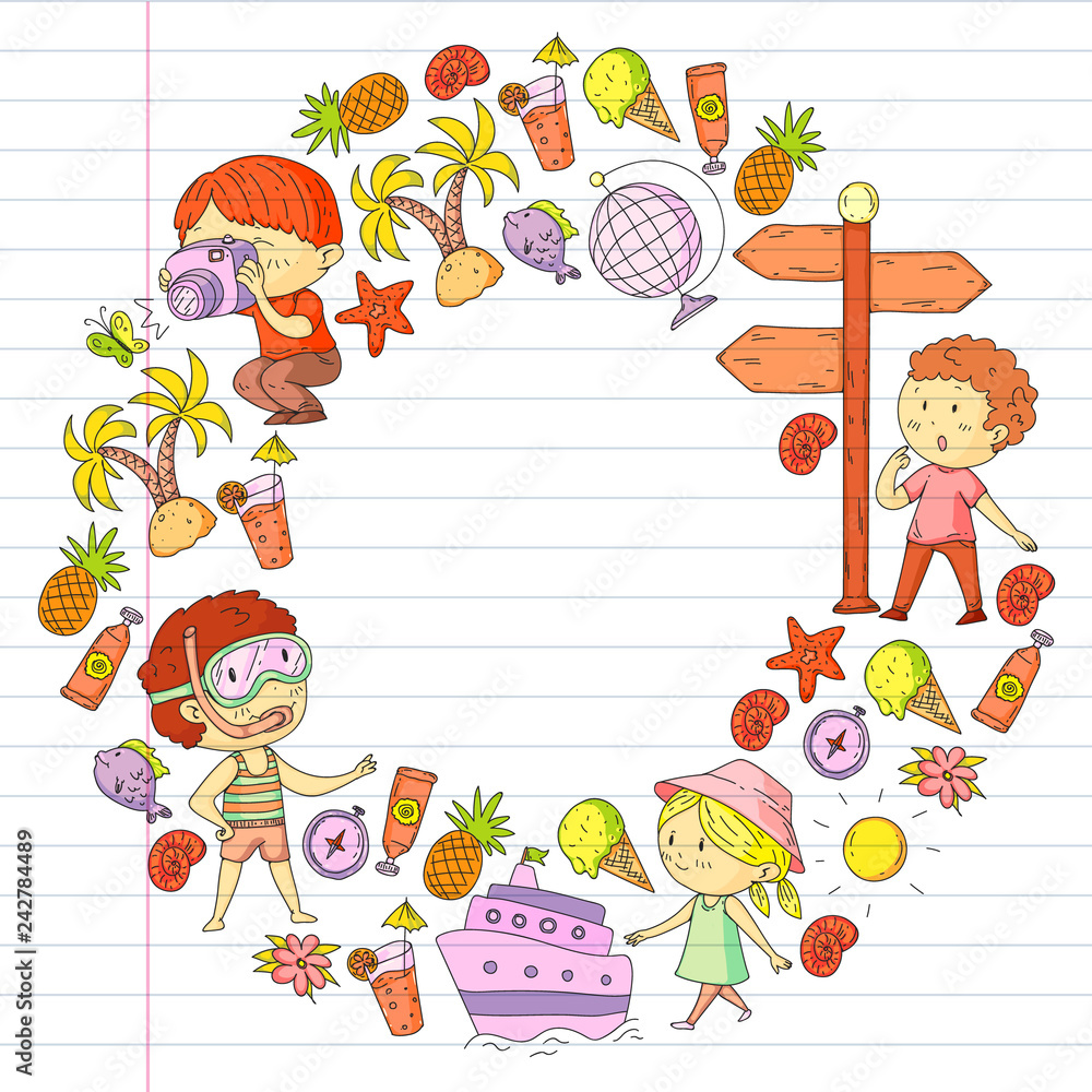 Obraz premium Happy children playing at seashore, beach, sea, ocean. Kids vacation and travelling. Swimming, doodle icons globe, cruise ship, cocktails.