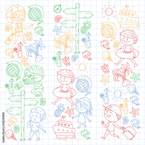 Happy children playing at seashore, beach, sea, ocean. Kids vacation and travelling. Swimming, doodle icons globe, cruise ship, cocktails