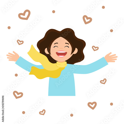Happy woman surrounded by hearts. Joyful girl widely spread her hands to the side and smiling with happiness