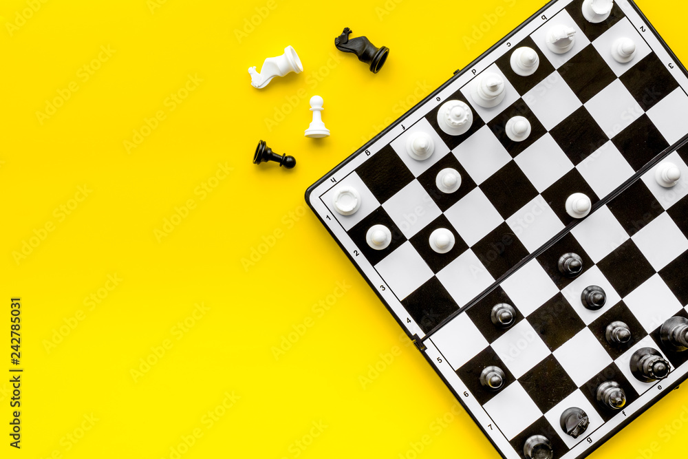 Overhead view of a chess board set up for a game Stock