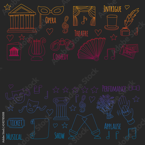 Vector set with theatre icons. Entertainment, show, musical perfomance