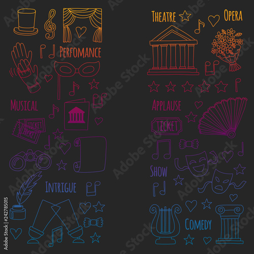 Vector set with theatre icons. Entertainment, show, musical perfomance