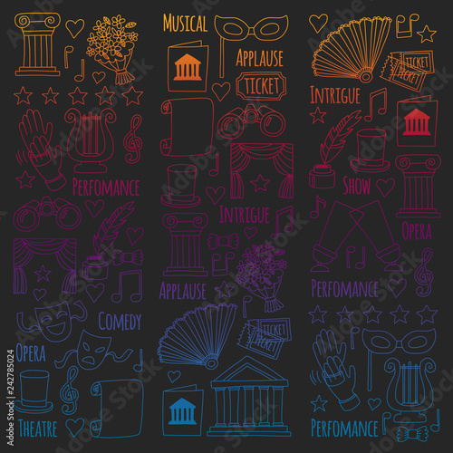 Vector set with theatre icons. Entertainment, show, musical perfomance