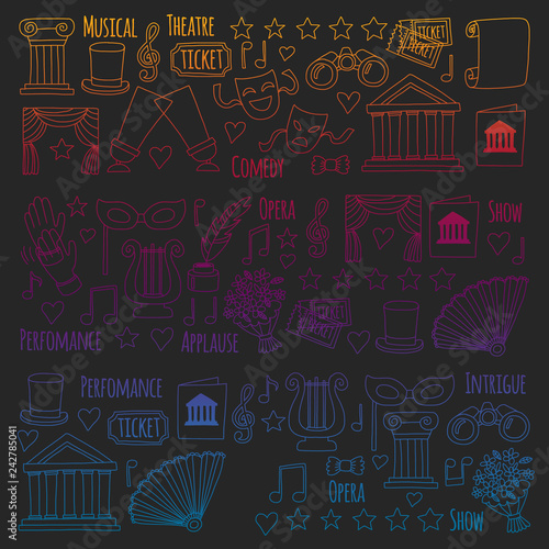Vector set with theatre icons. Entertainment, show, musical perfomance