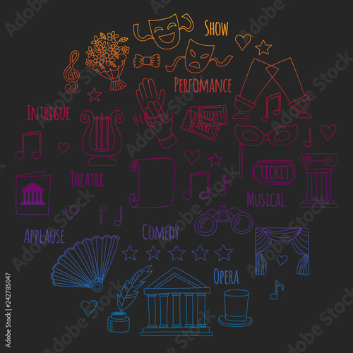 Vector set with theatre icons. Entertainment, show, musical perfomance